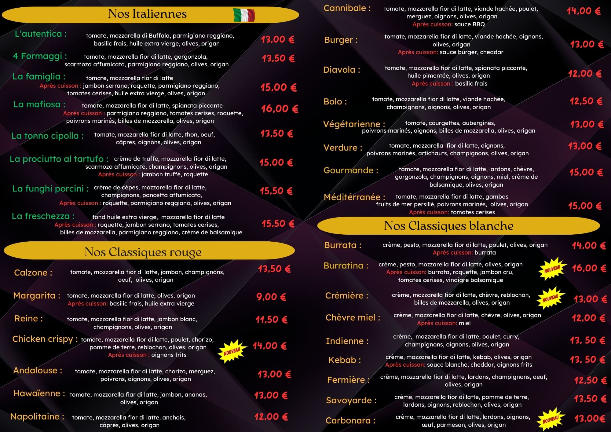 Ambiance Pizza Menu 2